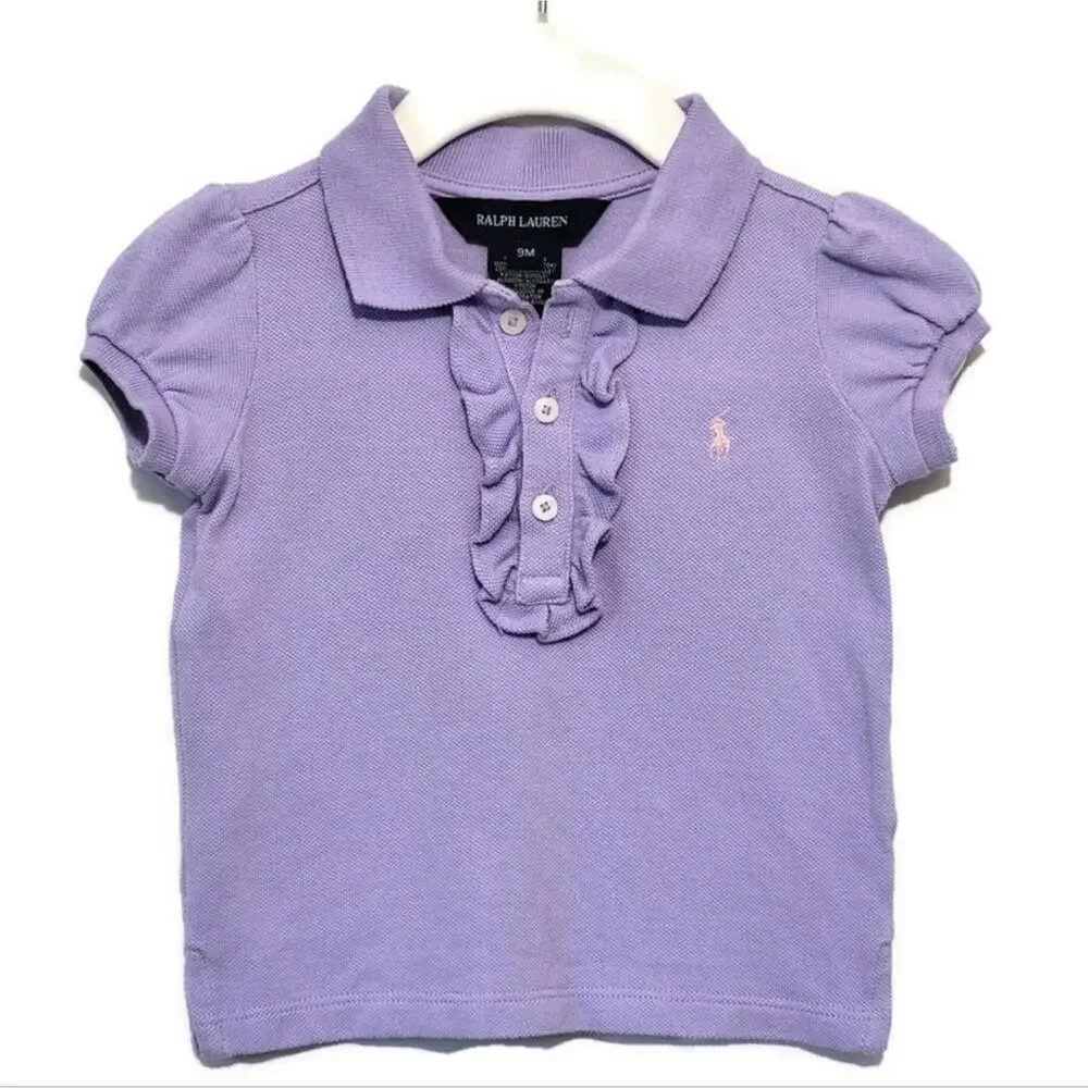 Ralph Lauren Girls Ruffle Polo Shirt Button Down Short Sleeve Purple 9M